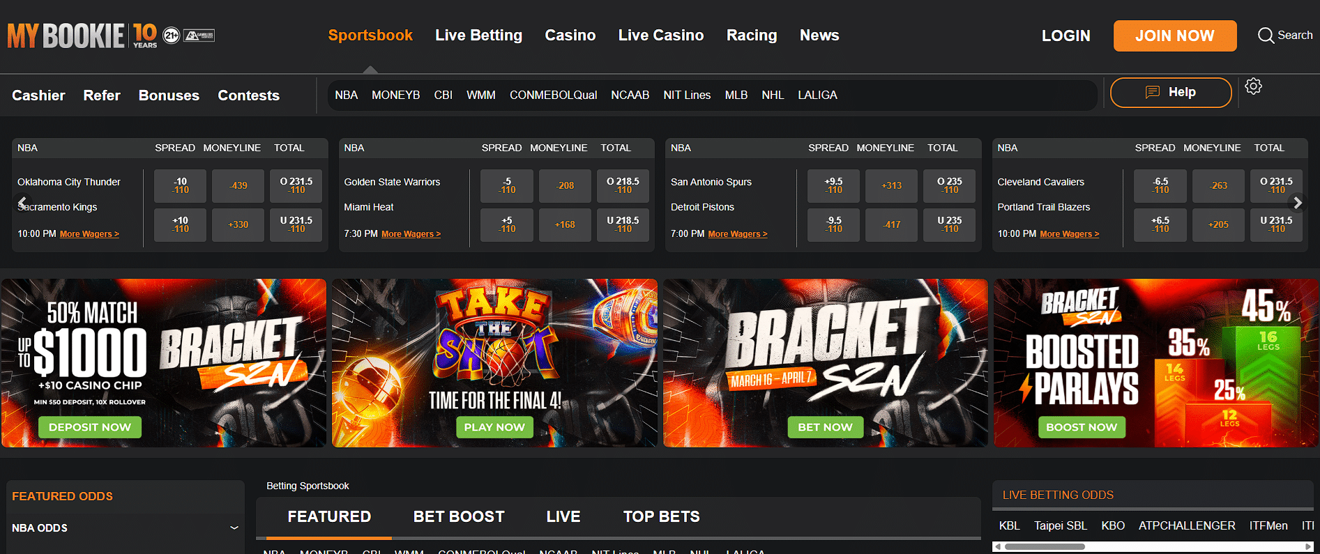 Sportsbook of MyBookie showcasing sports betting lines and promotions MyBookie